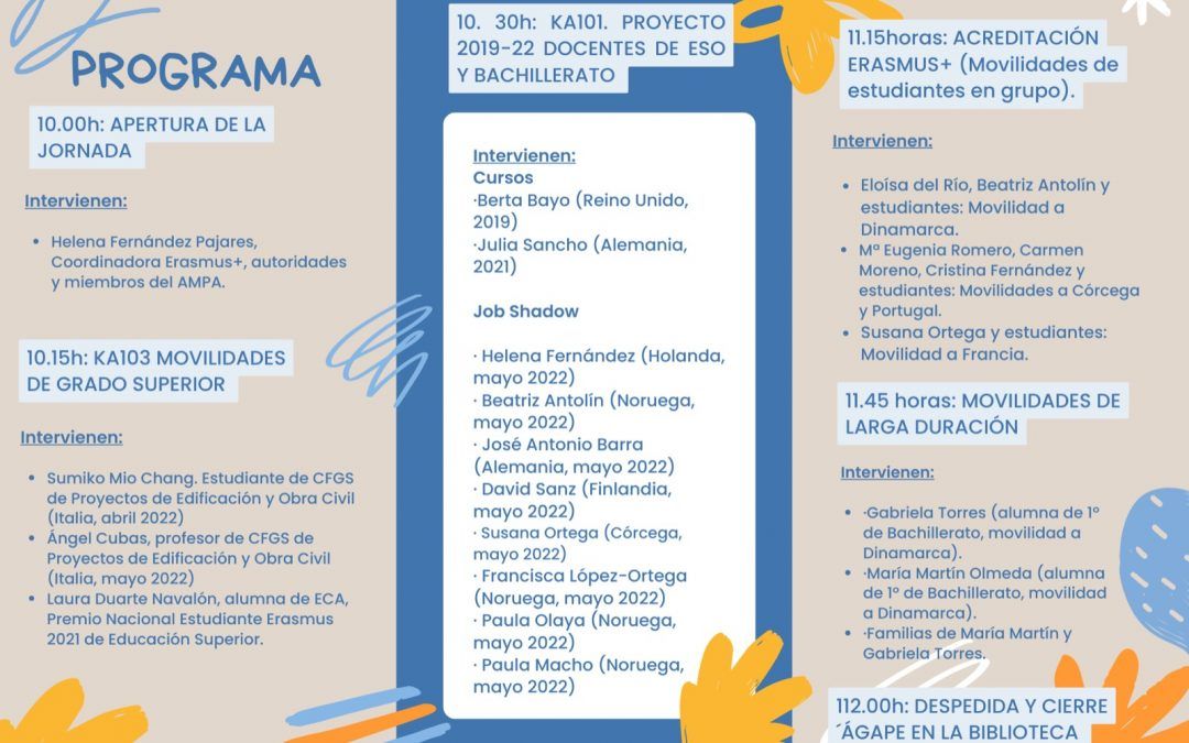 Programa de nuestra JORNADA DE DIFUSIÓN DE PROYECTOS ERASMUS+ del 29 junio 2022